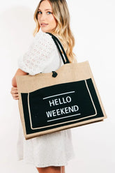 Hello Weekend Burlap Large Tote Shoulder Bag, Shoppers, $ 25.00, A Moment Of Now™